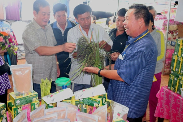 Khách tham quan, tìm hiểu sản phẩm  của HTX Nông nghiệp, thương mại và dịch vụ Hợp Nhất (Ea Kar) tại phiên chợ hàng Việt về huyện Ea H'leo năm 2018.