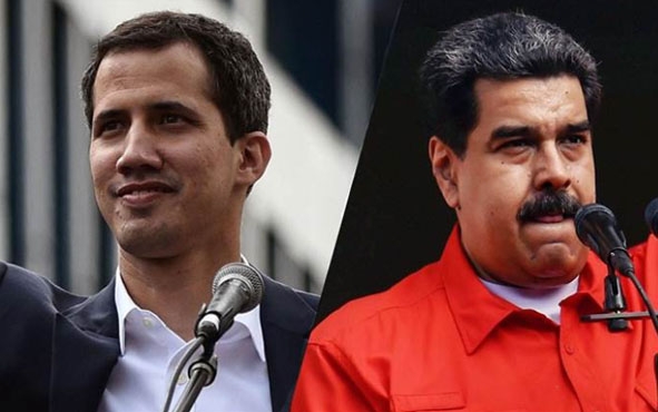 Tổng thống Venezuela Maduro (bên phải) và lãnh đạo phe đối lập Guaido.  