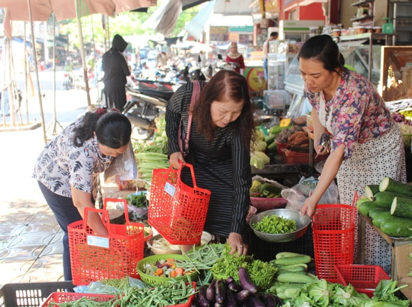 Hội viên phụ nữ phường Thắng Lợi dùng làn nhựa đựng thực phẩm khi đi chợ. 