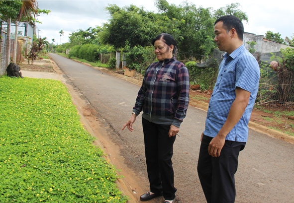 Bà Phạm Thị Huệ, Bí thư Chi bộ, Trưởng Ban công tác Mặt trận thôn 3 trao đổi về kế hoạch ra quân trồng hoa tại hai tuyến đường chính của thôn.  