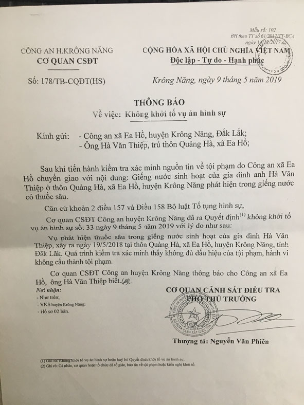 Thông báo về việc không khởi tố vụ án của Cơ quan CSĐT Công an huyện Krông Năng. 
