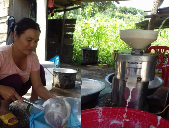 Chị Trần Thị Hà ở thôn 2 (xã Cư Drăm) phát triển nghề làm đậu khuôn từ vốn khởi nghiệp của phụ nữ. 