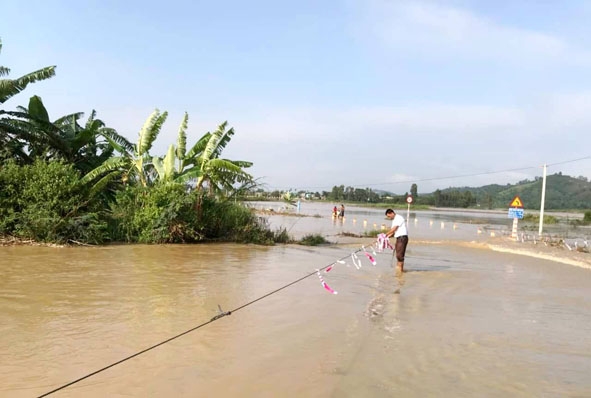 Một tuyến đường nội thôn ngập sâu trong nước gây chia cắt 3 thôn 4,5, 6, xã Hòa Tân.