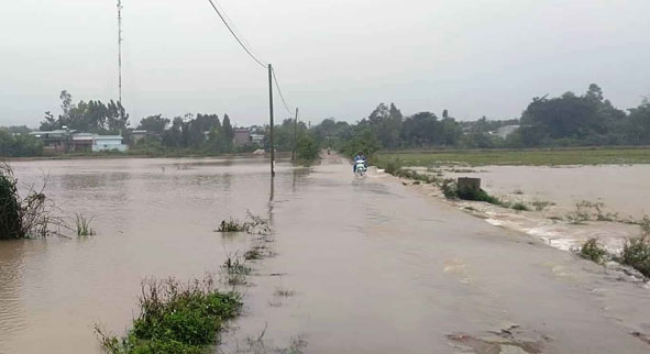 Một tuyến đường ở thôn 6, xã Cư Kty ngập sâu trong nước. 