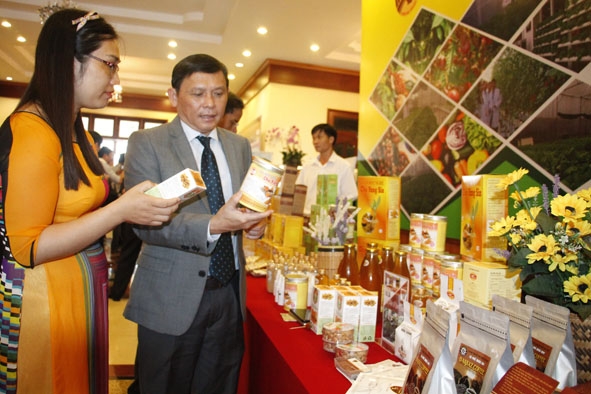 Phó Chủ tịch Thường trực UBND tỉnh Nguyễn Tuấn Hà tham quan gian hàng trưng bày của Quà Tây Nguyên tại hội nghị Tổng kết 10 năm  Chương trình xây dựng nông thôn mới. 