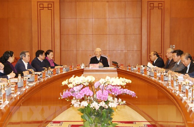 Tổng Bí thư, Chủ tịch Nước Nguyễn Phú Trọng với Chủ tịch Quốc hội Nguyễn Thị Kim Ngân tại cuộc họp. Ảnh: TTXVN