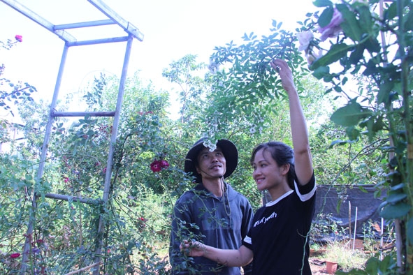 Vợ chồng anh Minh chị Trang bên vườn hồng của gia đình.