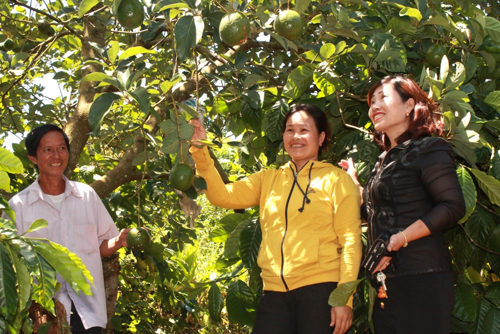 Chủ tịch Hội LHPN xã Ea Yông Đỗ Thị Thơm (bìa phải) thăm mô hình phát triển kinh tế của phụ nữ  thôn Lạng Sơn.