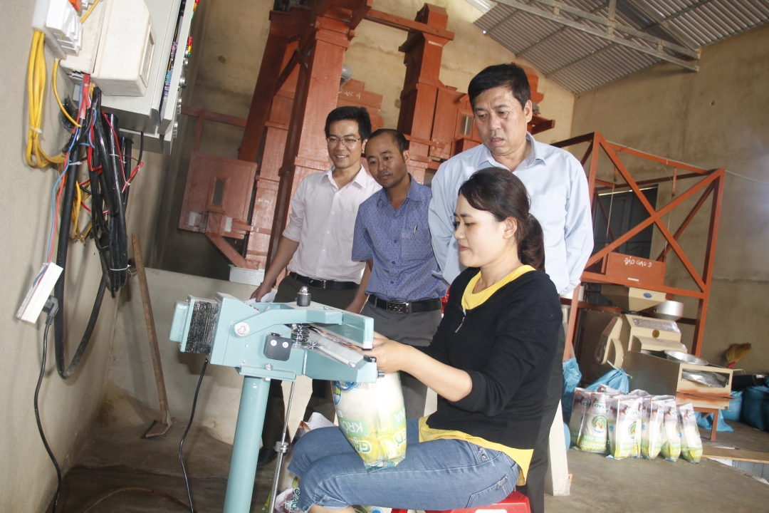 Lãnh đạo Huyện ủy Krông Ana tham quan nhà máy xay xát, đóng gói gạo của Hợp tác xã Dịch vụ nông nghiệp Nhật Minh tại xã Bình Hòa.