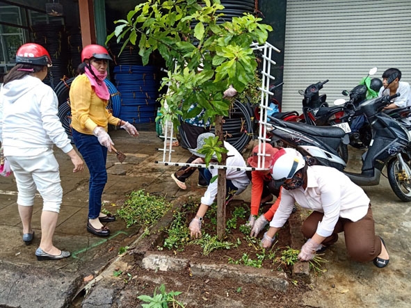 Hội viên Hội LHPN phường Tân Tiến tham gia dọn vệ sinh và trồng hoa trên tuyến đường Lê Hồng Phong. 