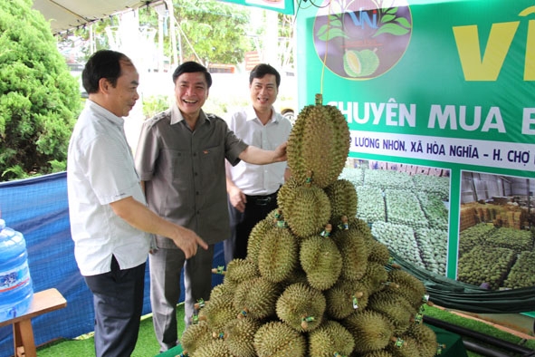 Bí thư Tỉnh ủy Bùi Văn Cường cùng lãnh đạo huyện Krông Pắc tham quan hội chợ thương mại nông nghiệp Krông Pắc năm 2020. 