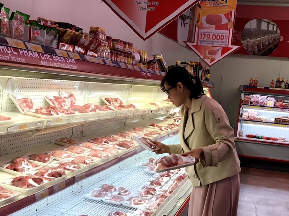 Khách hàng chọn mua thịt tươi sống và thịt đông lạnh nhập khẩu rã đông bày bán ở siêu thị MM Mega Market Buôn Ma Thuột. 
