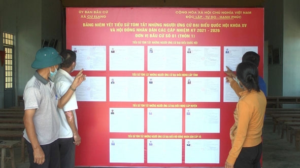 Cử tri Đơn vị bầu cử số 1, xã Cư Elang (huyện Ea Kar) tìm hiểu thông tin các ứng cử viên.